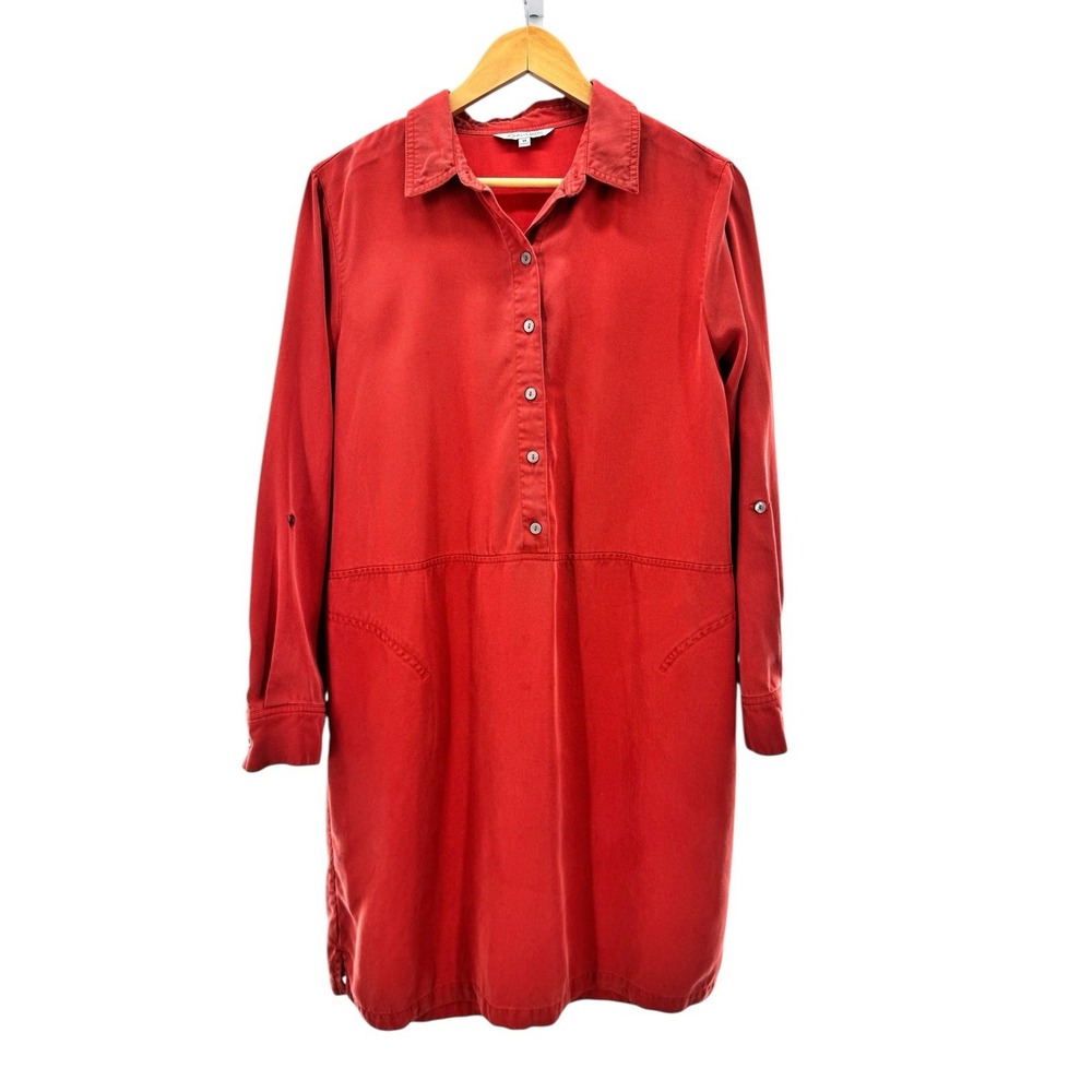 John Mark Shirt Dress Medium Red Long Sleeve 100% Tencel Button Front Roll Tab